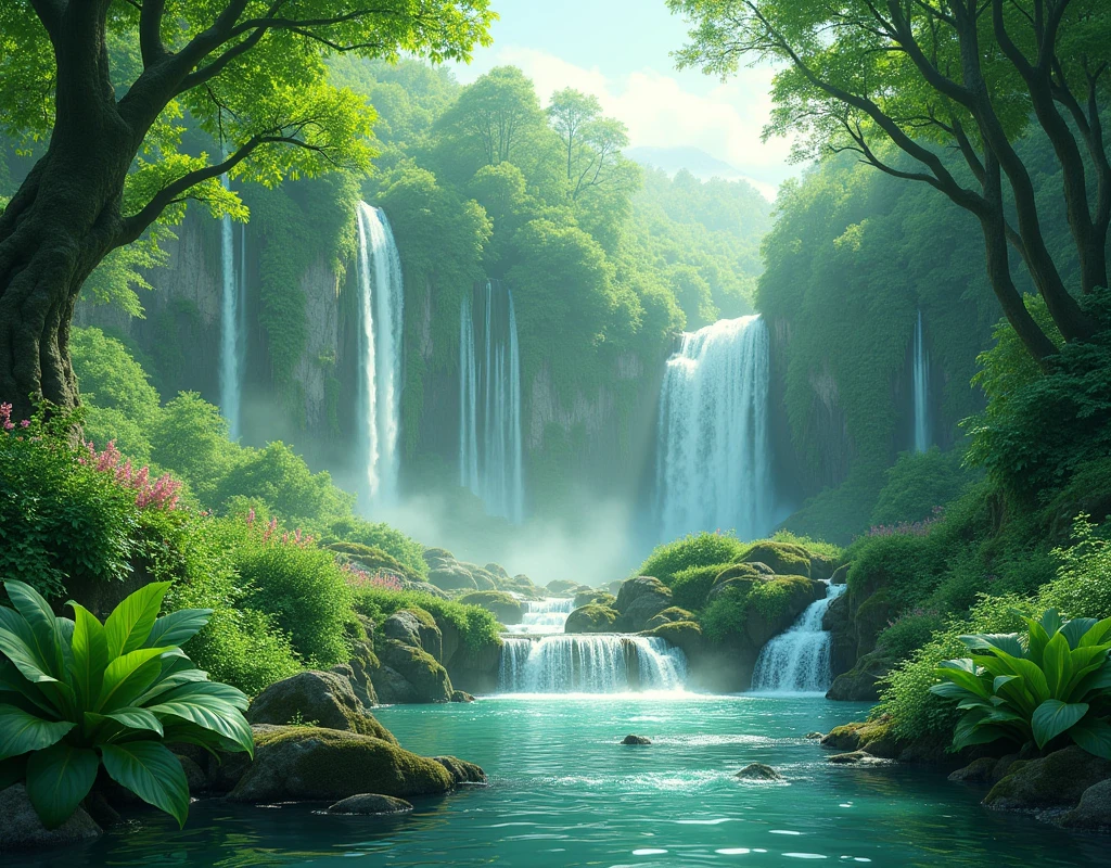 Verdant Sanctuary: Serene, nature-inspired, luscious greens, cascading waterfalls