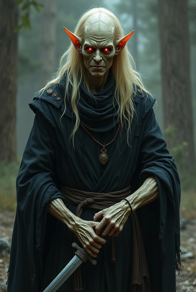 I wish you to create an Elf wizard in a mummified state wearing a black robe.. His pointy ears appear. And he holds a katana. In place of his eyes are two small, discreet, luminous orbs.. Her long blonde hair is now just a remnant.