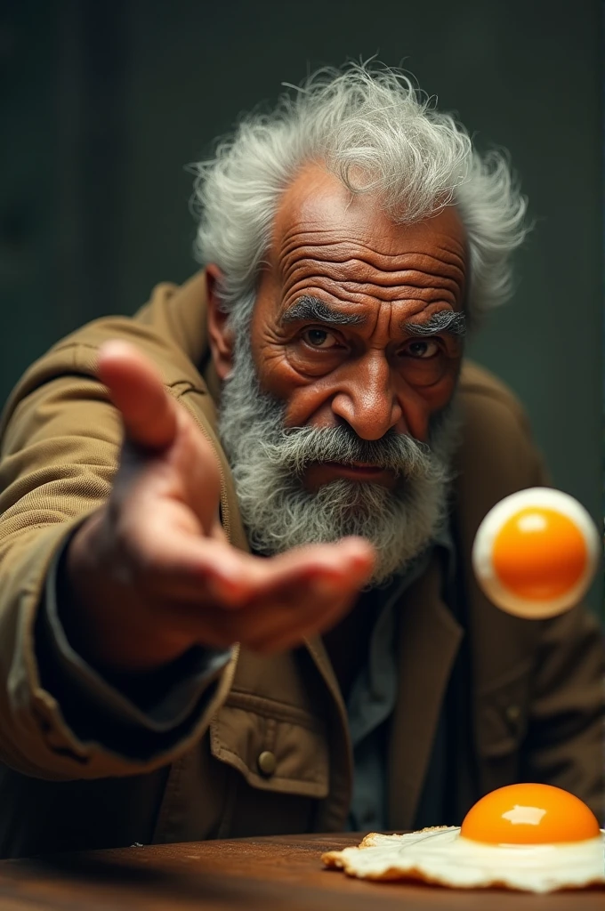 An elderly black man throwing a fried egg at a