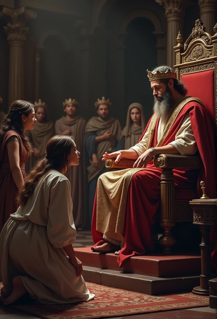Para criar uma imagem que retrate a história de Solomon, Considere os seguintes elementos: 1. **Scenario**: A royal court, com Solomon sentado em um trono elevado, surrounded by nobles or advisors. 2. **Personagens**: - Solomon, dressed in royal clothes, showing an expression of wisdom and firmness. - Two women, one with a distressed appearance, holding a baby and another with a look of despair or anger. 3. **Action**: - A sword on a nearby table, symbolizing the suggestion of cutting the baby in half. WITH THE SOLDIER OF SOLOMON WITH THE BABY IN HIS HANDS ABOUT TO CUT THE BABY - The real woman, with an expression of love and pain, begging for the baby not to be hurt. 4. **atmosphere**: A tense environment, with the crowd watching, reflecting the gravity of the situation. Esses elementos ajudarão a transmitir a essência da história de Solomon e seu julgamento sábio..(best qualityer,4K,8k,highres,master part:1.2),ultra detali,[realisitic,Fotorrealisitic,fotorrealisitic:1.37] portraits, [Dark and mysterious colors], [Subtle and dim lighting], [vintage and antique texture] in 1 Kings 3:16-28. Duas mulheres vieram até o rei Solomon, each claiming to be the mother of a newborn baby. They had both recently given birth., but one of the babies died during the night. Each woman claimed the living baby was hers., leading to a stalemate. To resolve the dispute, Solomon sugeriu que trouxessem uma espada e cortassem o bebê ao meio, giving half to each woman. The real mother immediately opposed the idea., asking that the baby be given to the other woman, because I would rather see him live than see him die. Solomon, Then, discerned that this woman was the real mother, because her genuine love for her son led her to give him up. Thus, he gave the baby to her and the fame of her wisdom spread throughout all Israel. KING SOLOMON WAS 20 YEARS OLD AT THAT TIME 