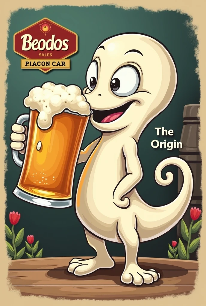 (beer label) (white sperm drinking a mug of beer)(text BEODOS)(text THE ORIGIN) (keg of beer)