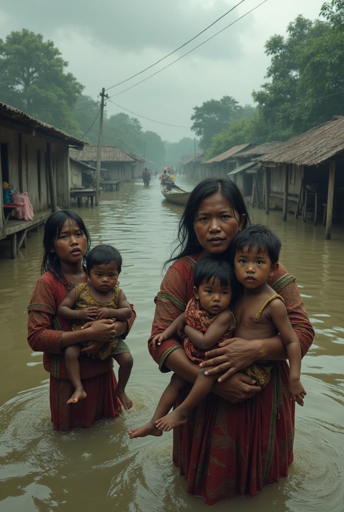 Create a flood scene in a village in Bangladesh, women crying, asking for help, babies crying