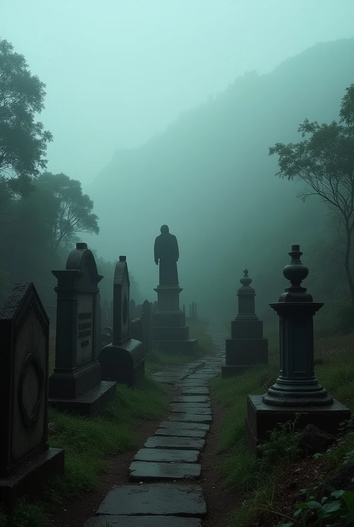 In the interior of Minas Gerais, there is a cemetery on top of a mountain, hidden and difficult to access, because you can only get there by a narrow trail. They say this cemetery is cursed. Many years ago, during colonization, a priest was accused of doing things forbidden by the church. Before being burned alive, he cast a curse on the cemetery where he would be buried, promising that anyone who disturbed his grave would be haunted forever.

In the 1990s, A group of young people, curious about the stories, decided to explore the place. When they found the priest&#39;s grave, they started laughing and joking around, taking pictures and disrespecting the place. But on the way back, as they descended the mountain, a very dense fog appeared, making everything difficult to see. In the middle of the fog, they started hearing whispers and scary laughter. One by one, the young people were disappearing. Only one survived, found days later in a state of shock, repeating that a man in a black cassock took them to the "other side". He was never the same again and spent the rest of his life in a psychiatric hospital..                   illustrate this story in 20 photos