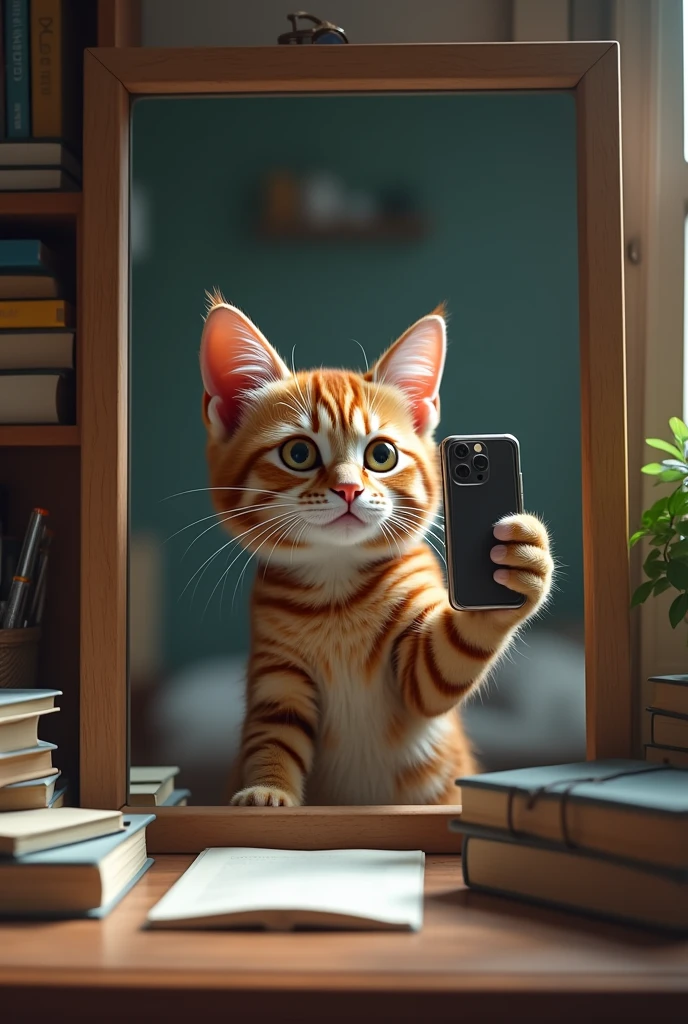 the cat is taking a picture in the mirror with 14 pro max in his hand, there are chemistry and biology books and notebooks in the room, and in the picture on the table, my dream is to become a doctor