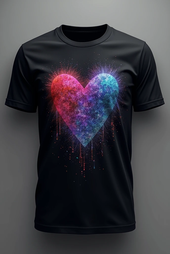 realistic image, of a print on a black t-shirt with an ink containing glitter-like particles with an iridescent effect of red colors, blue and violet. The printed t-shirt must be seen, The iridescent effect is only in the print and it can be seen that the change in tone is due to an optical phenomenon characterized as the tone of the light varies according to the angle from which the surface is observed and that it is in glitter-type particles in the plastisol-type print.