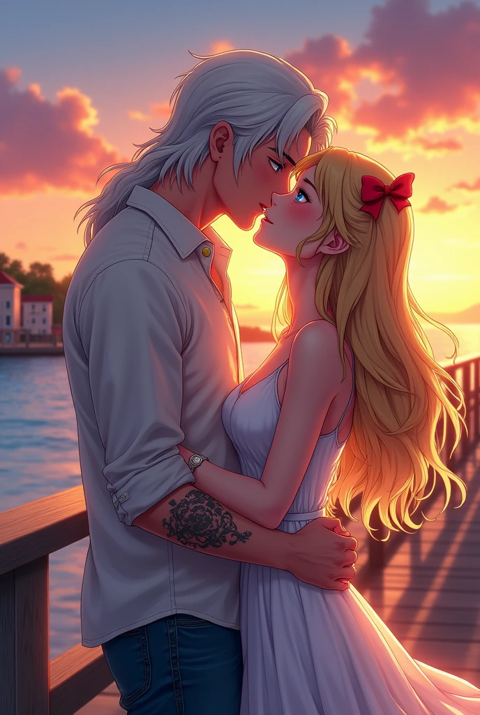 I would like to get an anime-style image of a couple consisting of a tall, masculine, handsome man with long platinum hair below the shoulders, blue eyes, jeans, a light shirt with sleeves rolled up to the elbow, a tattoo on his arm, he kisses a young incredibly beautiful femme fatale blonde with long golden hair, blue eyes, red A bow on her hair, she's wearing a beautiful dress. It's warm, August, evening, a romantic little town. they are happy, in love. the sea pier.