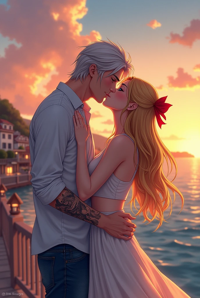 I would like to get an anime-style image of a couple consisting of a tall, masculine, handsome man with long platinum hair below the shoulders, blue eyes, jeans, a light shirt with sleeves rolled up to the elbow, a tattoo on his arm, he kisses a young incredibly beautiful femme fatale blonde with long golden hair, blue eyes, red A bow on her hair, she's wearing a beautiful dress. It's warm, August, evening, a romantic little town. they are happy, in love. the sea pier.