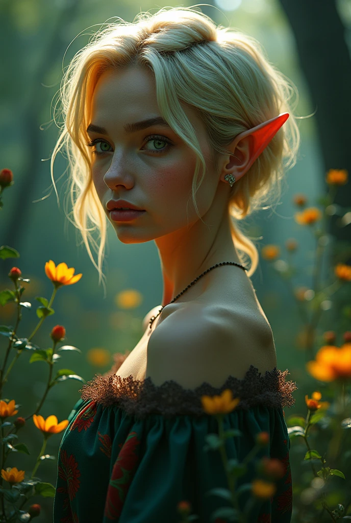 (better quality, masterpiece, Colorful, Dynamic angle, mais detailed) upper body photo, full length photo, 8k unity beautiful wallpaper fashion photography, ultra detailed, beautiful and aesthetically pleasing, (fotorRealist: 1.4), (1 ), green eyes, blonde, hair ornament, short hair, blush, dynamic pose, Dynamic angle, pomade, Slim, corpo Slim, A very wild shot, on open air, fundo detailed, Realist, One, rosto detailed perfeito, mischievous face, olhos detaileds, altamente detailed, ( (fantasy forest)), ((small flowers around)), ((dark night)), ((darkness)), elf ears, Absolutely not, short hair, perfect bobtail, Absolutely not, Magic flowers, ((Little Moon) ), (complex parts, hiperdetailed:1.15), detailed, moonlight passes through hair, (Official art, extremamente detailed, mais detailed), Side,