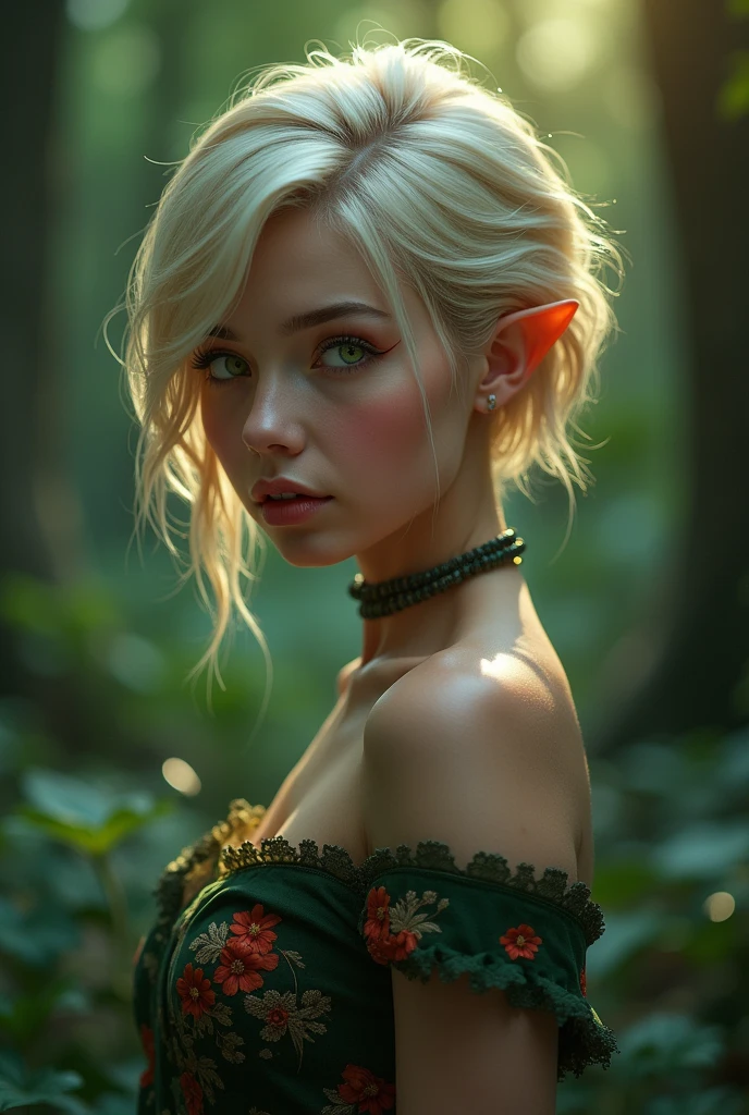 (better quality, masterpiece, Colorful, Dynamic angle, mais detailed) upper body photo, full length photo, 8k unity beautiful wallpaper fashion photography, ultra detailed, beautiful and aesthetically pleasing, (fotorRealist: 1.4), (1 ), green eyes, blonde, hair ornament, short hair, blush, dynamic pose, Dynamic angle, pomade, Slim, corpo Slim, A very wild shot, on open air, fundo detailed, Realist, One, rosto detailed perfeito, mischievous face, olhos detaileds, altamente detailed, ( (fantasy forest)), ((small flowers around)), ((dark night)), ((darkness)), elf ears, Absolutely not, short hair, perfect bobtail, Absolutely not, Magic flowers, ((Little Moon) ), (complex parts, hiperdetailed:1.15), detailed, moonlight passes through hair, (Official art, extremamente detailed, mais detailed), Side,
