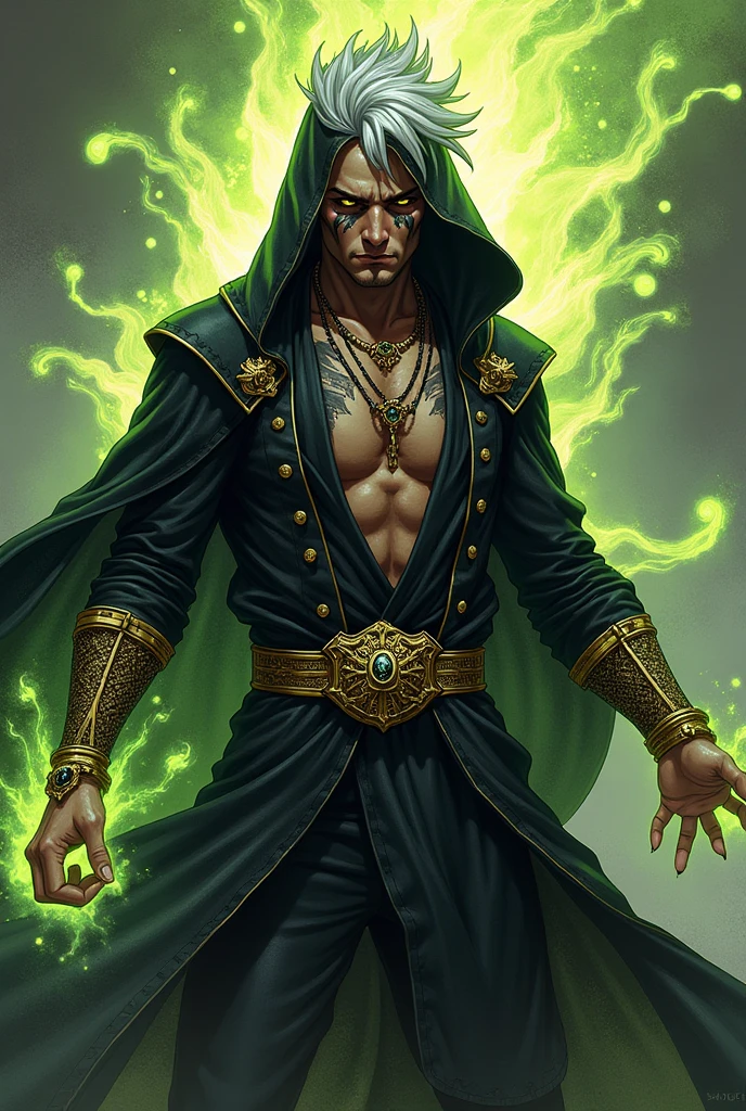 dnd, dungeons and dragons, adult snake man, normal round human ears, serpent, snake guy, sorcerer, slender, acid magic, caustic magic, magic, casting a spell, solo, single person, portrait, action pose, tanned white skin, symmetrical black snake scales on cheeks, tattoo on lip and chin, medium spiky white hair with black streaks, black highlights, yellow snake eyes, reptile eyes, handsome, male, comic, graphic novel, ornate black robes with hood, gold jewelry with black gems, noble, rich, poison magic, slime, goo, ((masterpiece, best quality)), trending artwork