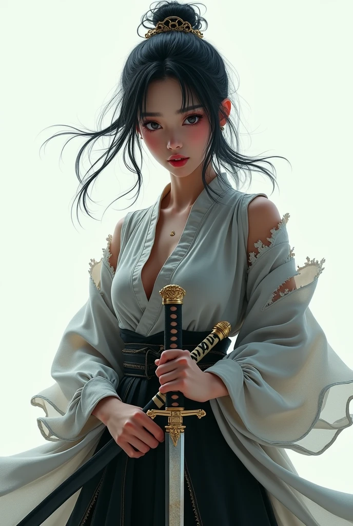Highest quality, Realistic, Very detailed, finely, High resolution, 8k、Beautiful Japanese Ninja、with double teeth、A face with dimples、Delicate eyes、Facing forward、looking at the camera、White translucent torn clothes、Holding a sword