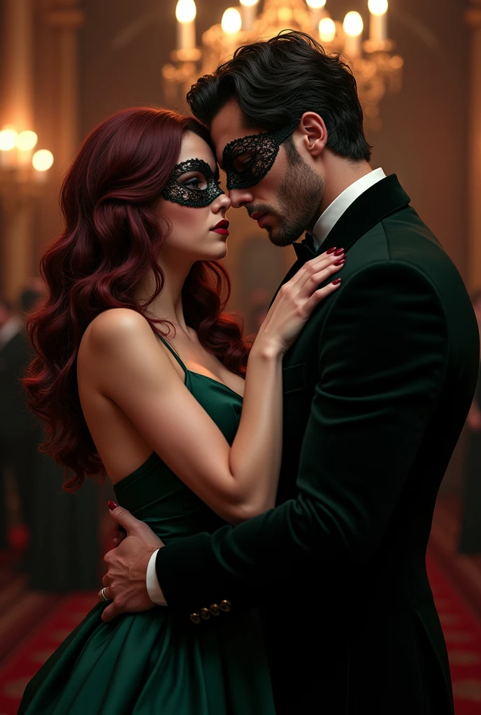 - A couple at a masquerade ball.
- The woman has wine-colored hair, not too fat not too thin, dark shaped eyes, loose hair with waves.wine nails and wears a dark emerald green dress with a black mask with lace.
- The man is tall, brawny, most marked face, with dark hair, blue eyes and wears a black suit with a wine colored mask.
- The scene must show them full body, sami, in a beautiful exchange of glances, gazing, com o homem apresamintando um aspecto mais sombrio.
Um casal de Dark romance ,