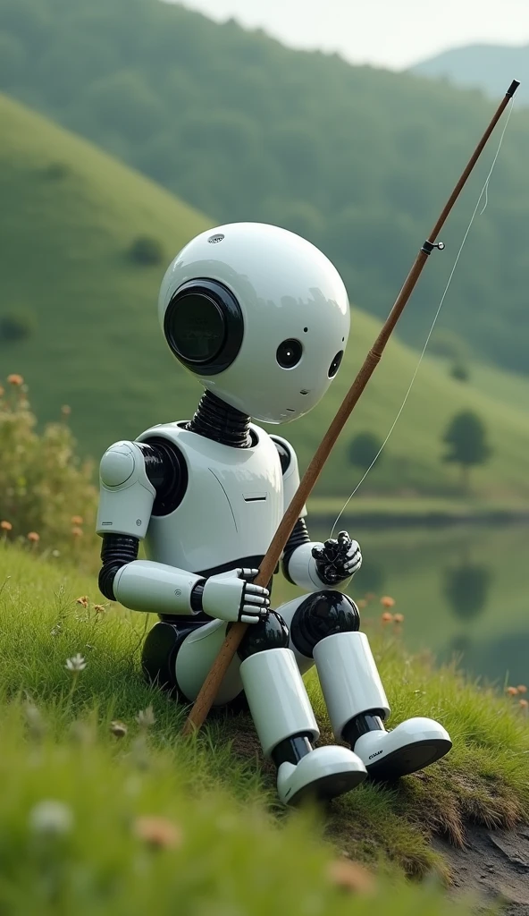 (best quality,4k,8k,highres,masterpiece:1.2),ultra-detailed,(realistic,photorealistic,photo-realistic:1.37),android robot,sitting on a slope,fishing with a wooden rod,pondering the meaning of life,realistic abstraction,cinematic lighting,dramatic shadows,vibrant colors,intricate details,smooth shading,highly detailed face and hands,thoughtful expression,serene atmosphere