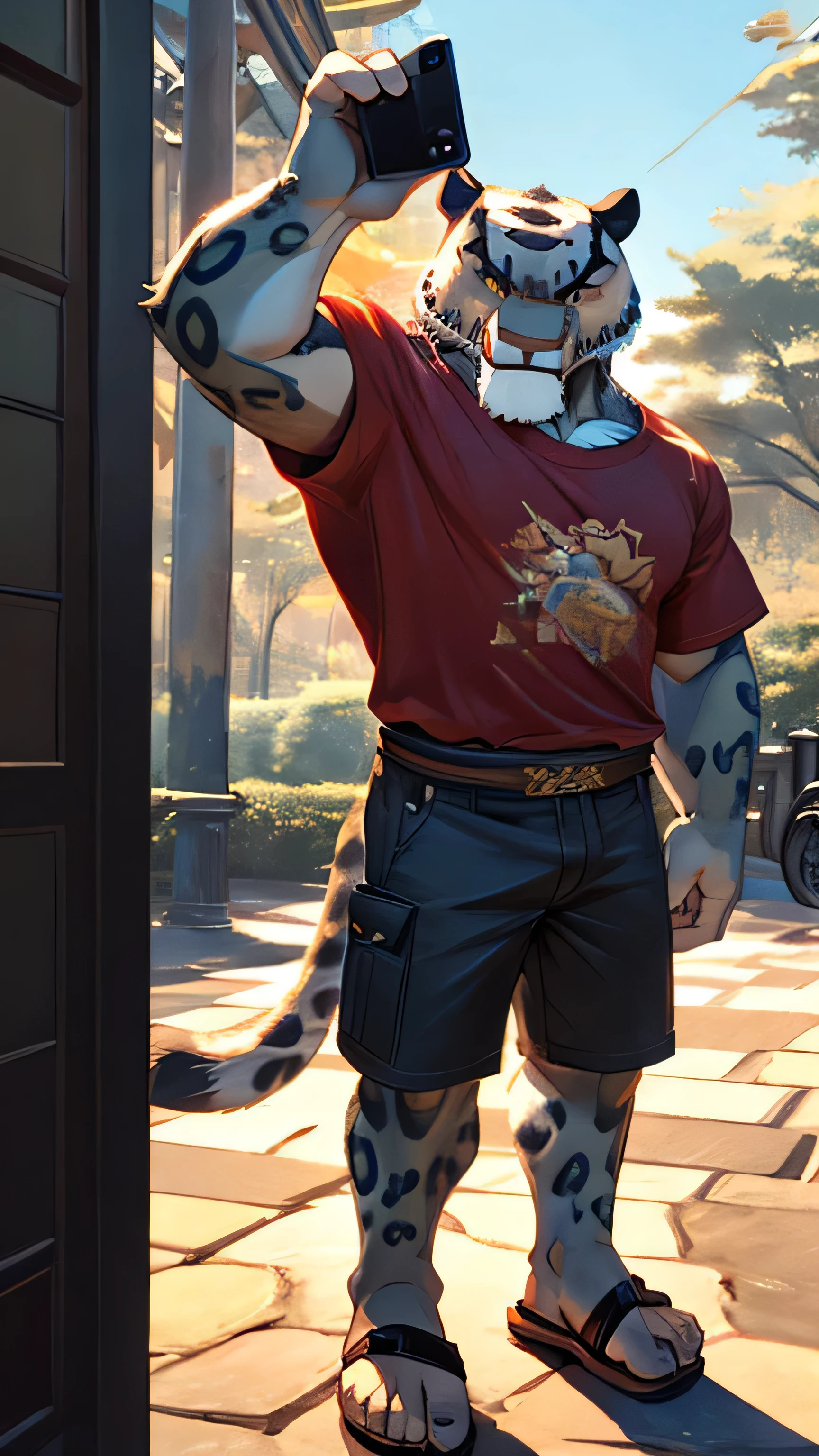 Kung Fu Panda cartoon, furry snow leopard Tai Lung, handsome, perfectly detailed yellow eyes with perfectly detailed pupils, extremely beautiful face, muscular body, gentle look, wears red t-shirt, denim cargo shorts, sandals, sexy, hot, tall, slender, gentle smile, selfie, park background