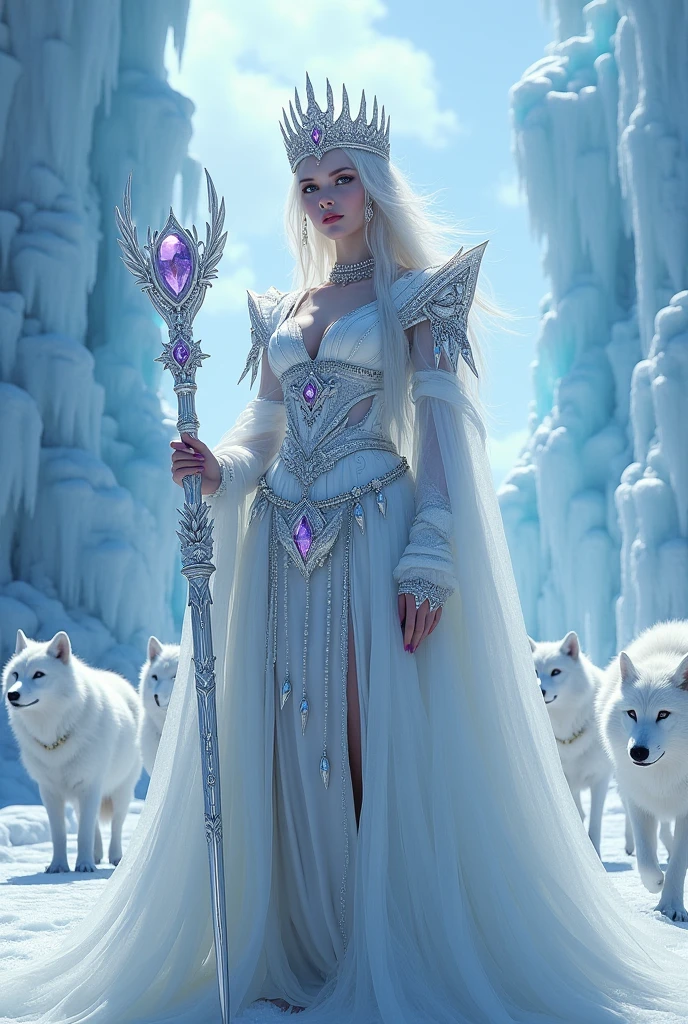 A beautiful ice queen who lives in a castle on a glacier。The beauty of white porcelain。Silver, diamond and pearl jewelry。He is accompanied by warriors made of ice and wolves born from the snow.。Noble and elegant。god々Shii。delicate beauty。Ice King's Scepter。Silver laurel wreath with purple gemstones。