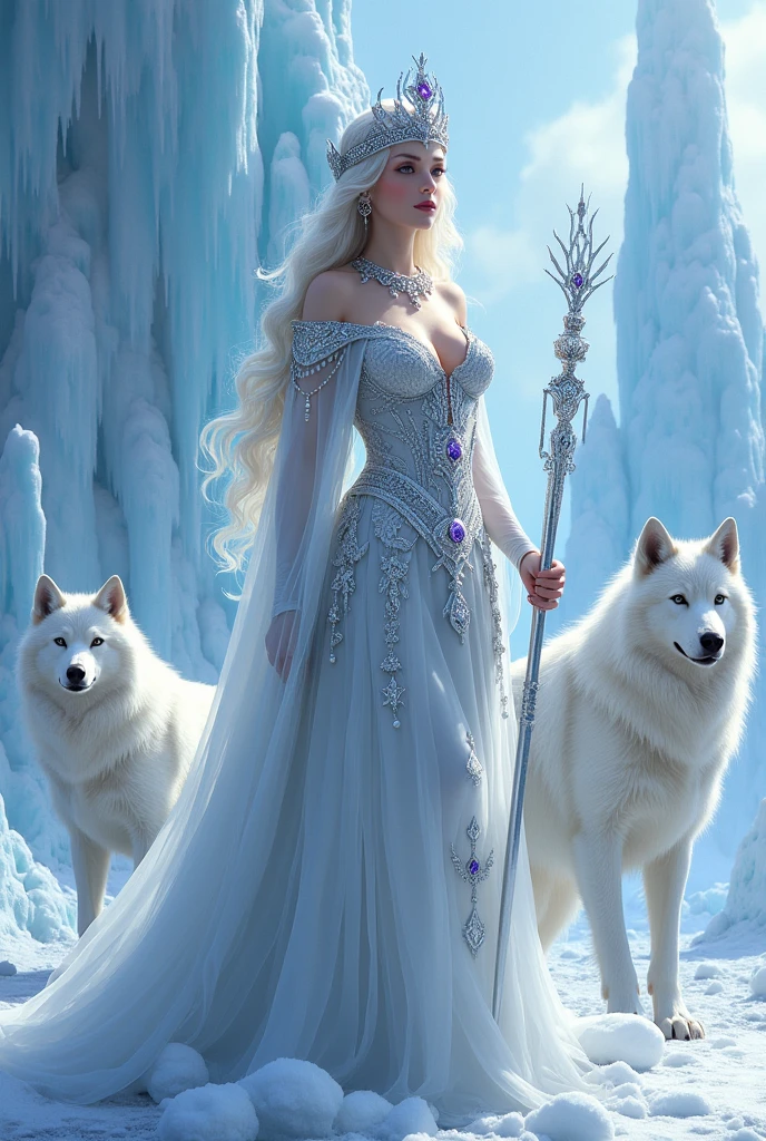 A beautiful ice queen who lives in a castle on a glacier。The beauty of white porcelain。Silver, diamond and pearl jewelry。He is accompanied by warriors made of ice and wolves born from the snow.。Noble and elegant。god々Shii。delicate beauty。Ice King's Scepter。Silver laurel wreath with purple gemstones。