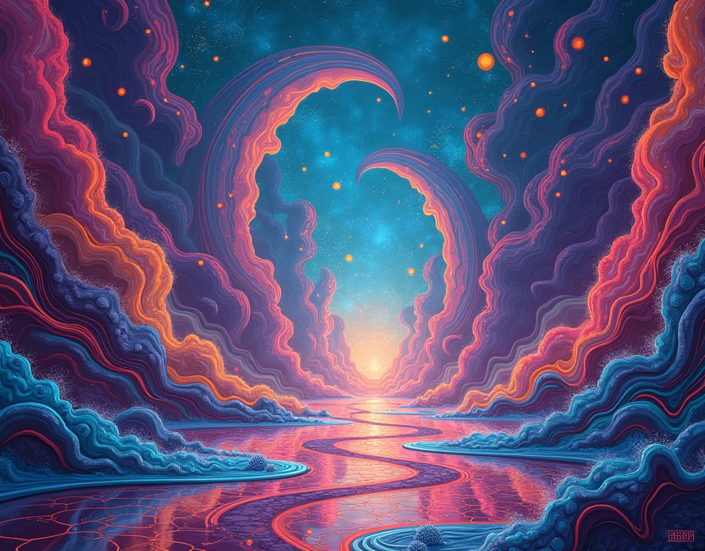 Psychedelic Dreamscape: Surreal, fluid, vibrant colors, geometric patterns