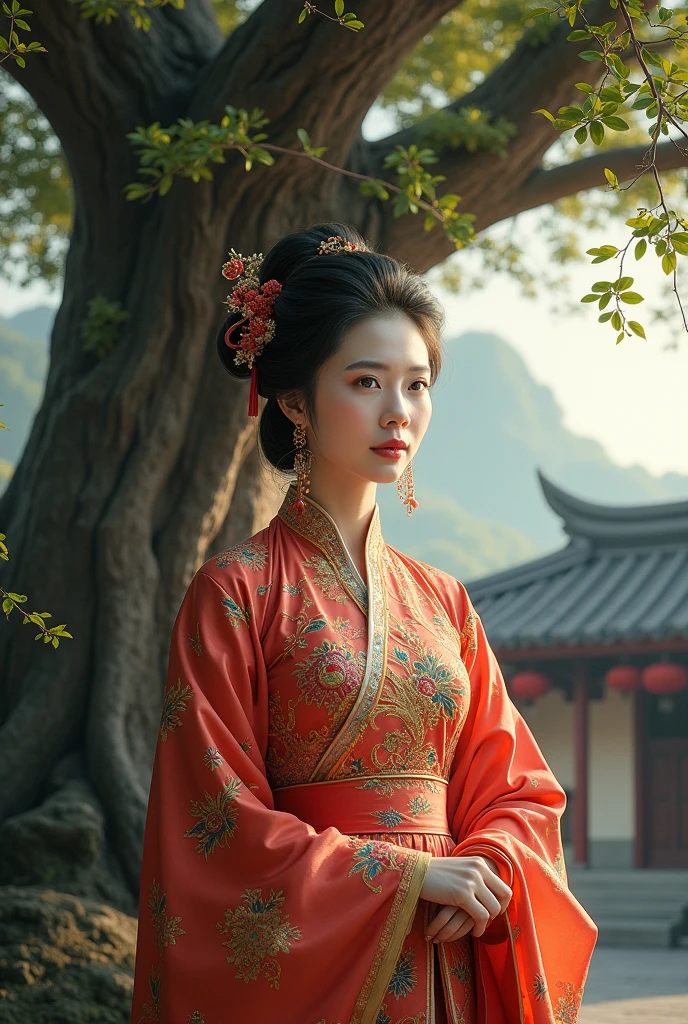 Beautiful lady is standing front of the big tree. Next the tree is Chinese old house. The lady live in 70s. She comes from China.