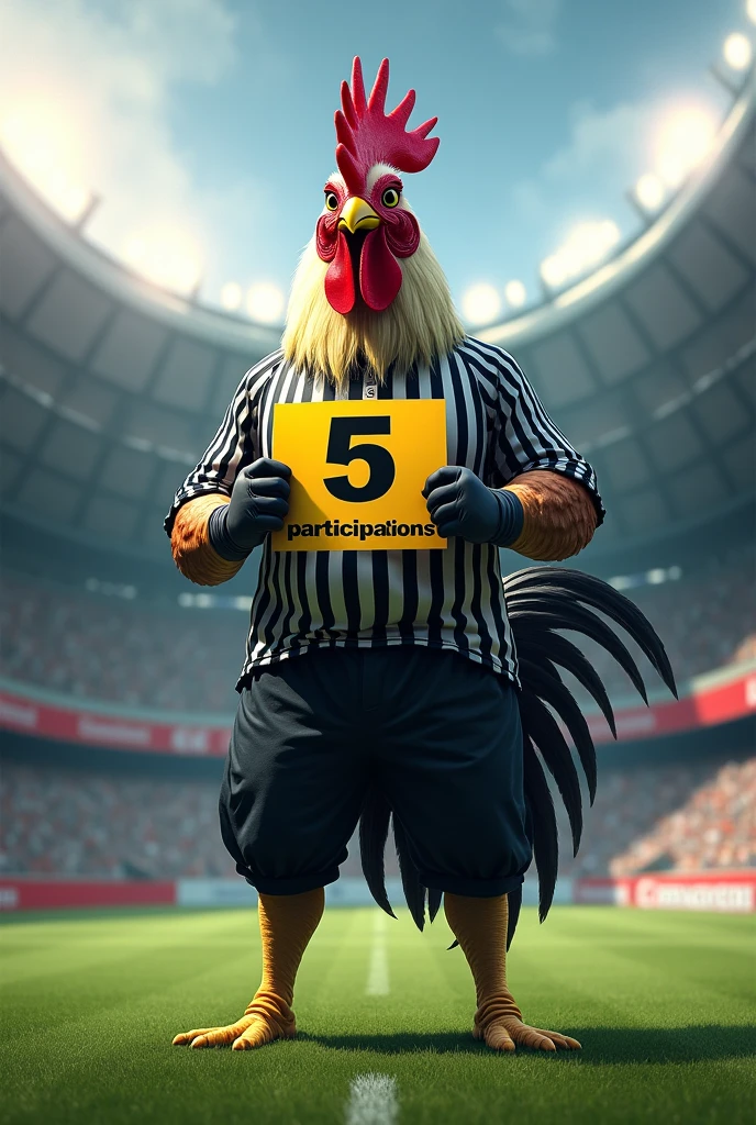 strong and avenging rooster in a human body with a black and white striped blouse without a symbol on the lawn of a stadium where the advertising boards and stands have the colors black, white, gray and yellow. he will be holding a sign that will say 5 participations.