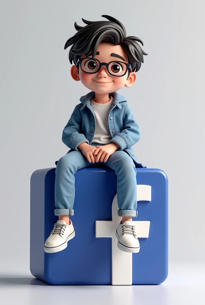 Create a 3D illustration of a realistic boy person ware glasses and casual hair sitting casually on top of a social media logo “Facebook”. The character must wear casual modern clothing such as jeans jackets and sneakers shoes. The background of the image is a social media profile page with the user name “Creative hub” and a profile picture that matches.