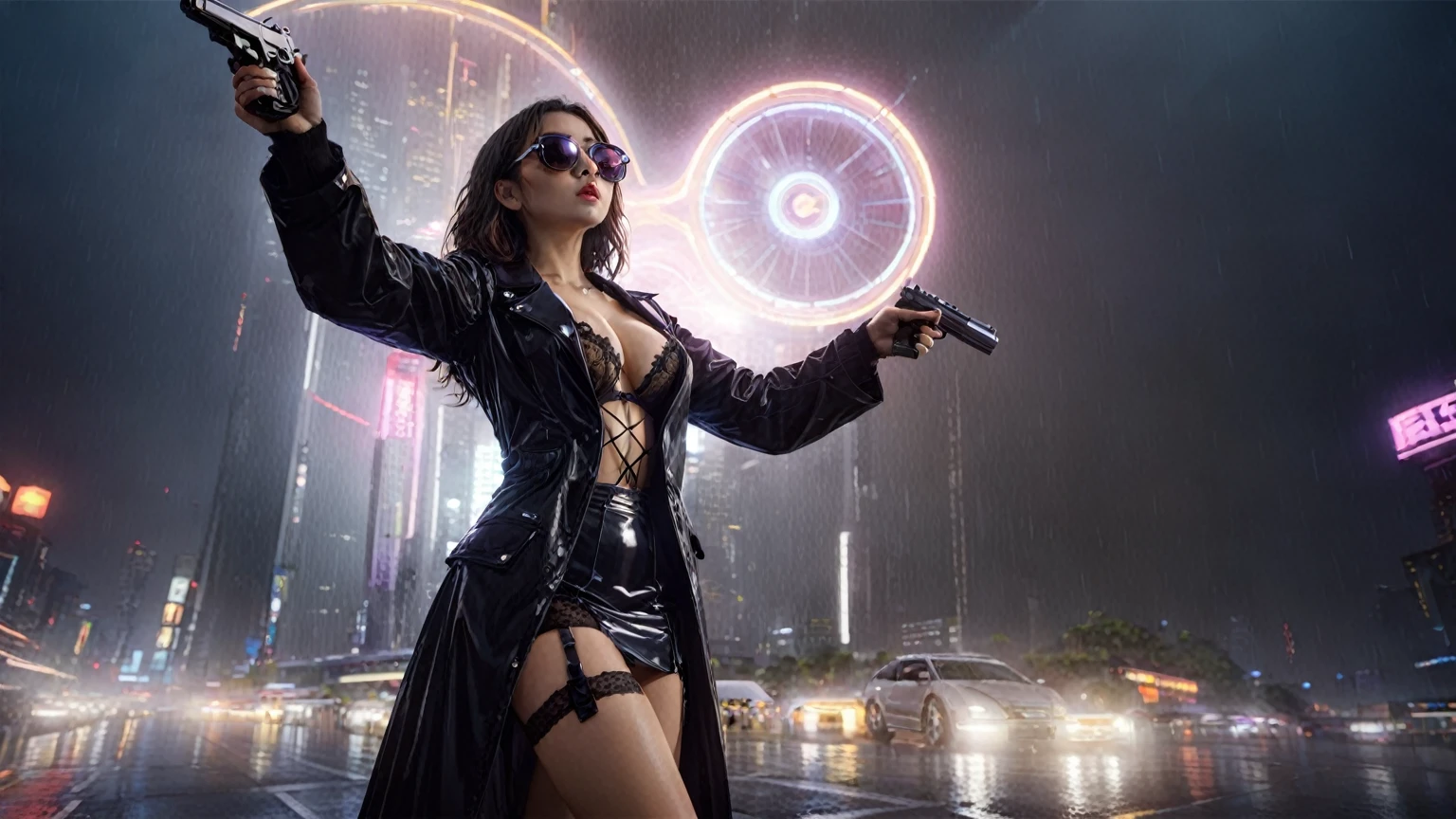 Blade Runner style futuristic Tokyo city, flying cars, neon lights, rainy night. (1girl, solo, alone), large-breast:1.lim:0.9 body, oval:0.8 face, cleavage:1.1, sexy laced lingerie, low angle view of miniskirt, jacket, (black micro sunglasses), (holding a short gun), half-body thigh level medium shot, cinematic lighting, ray tracing.