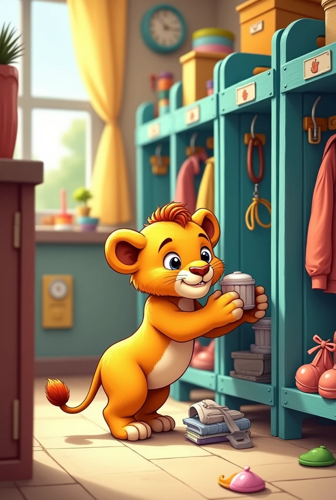 Baby lion cleaning up the classroom cloakroom childishly drawn
