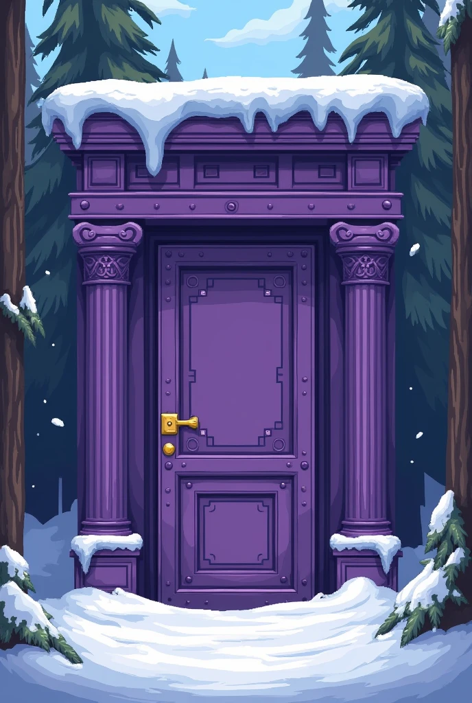 Spawns a large purple door in a purple wall, with two pillars of the same color attached to the wall next to the door The door is opening from side to side and in front of the door there are pine trees and snow. I created all this with a video game-like pixelated style., similar to Undertale.