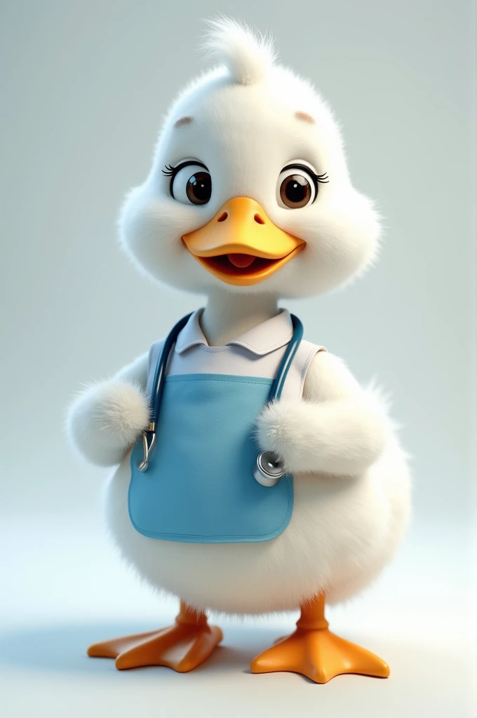 A duck white colour wearing white and blue apron,with stethoscope, hyper realistic, fatty and cute appearance, showing advertisement of drugs