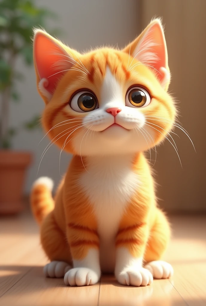 An orange and white cat， Very confused，sit on the floor，Tilting my head to look at you