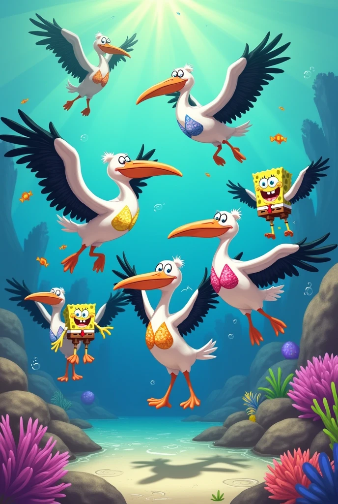Pelicans in Bikini Bottom with SpongeBob, Patrick and Lula Molusco
