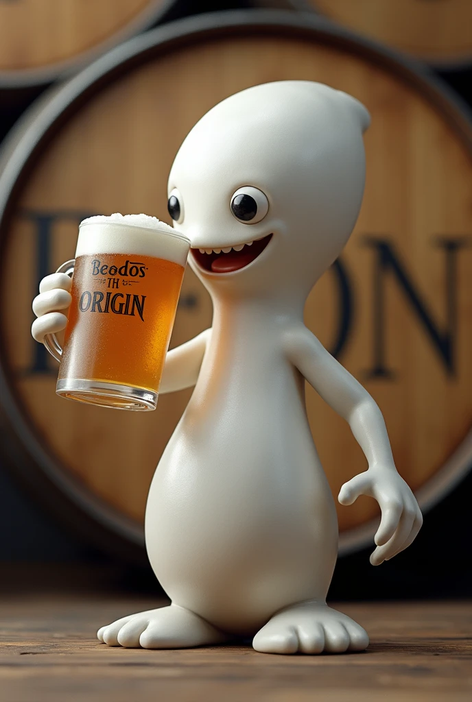 (beer label) (Realistic white sperm drinking a mug of beer)(text BEODOS)(text THE ORIGIN) (keg of beer)