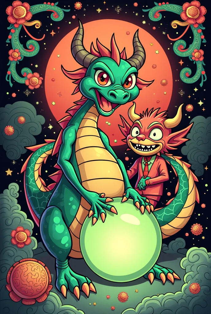 A cartoon dragon with a green ball in its mouth, psychedelic laughing demon, oni mask, Dragon face, asura from chinese myth, ancient china art style, demon samurai mask, yellow dragon head festival, detailed digital illustration, super detailed color art, Oriental face, colored illustration for tattoo, Japanese art style, Chinese Dragon, majestic japanese dragon, hyper detail illustration