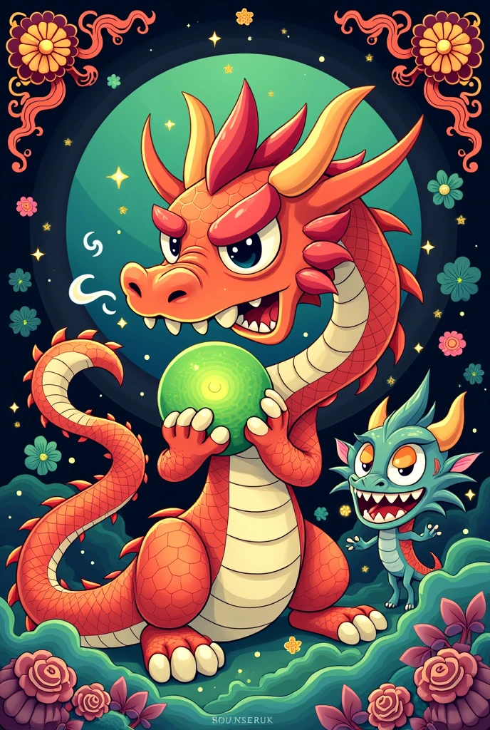 A cartoon dragon with a green ball in its mouth, psychedelic laughing demon, oni mask, Dragon face, asura from chinese myth, ancient china art style, demon samurai mask, yellow dragon head festival, detailed digital illustration, super detailed color art, Oriental face, colored illustration for tattoo, Japanese art style, Chinese Dragon, majestic japanese dragon, hyper detail illustration