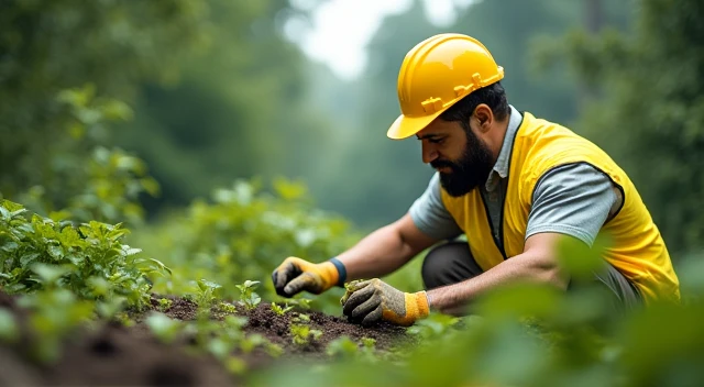 Man with yellow vest and yellow helmet taking care of the environment