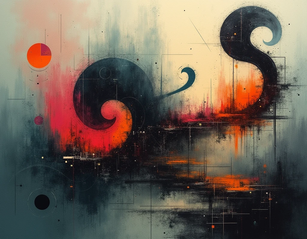 Abstract Alchemy: Experimental, layered textures, muted and vibrant hues, dynamic composition
