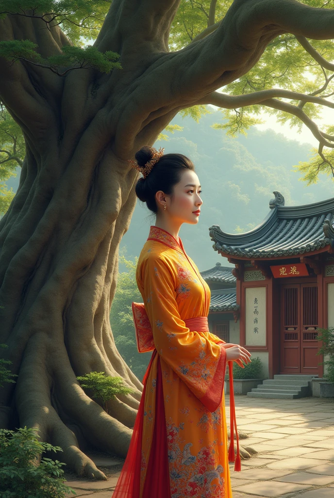 Beautiful lady is standing front of the big tree. Next the tree is Chinese old house. The lady live in 70s. She comes from China.
