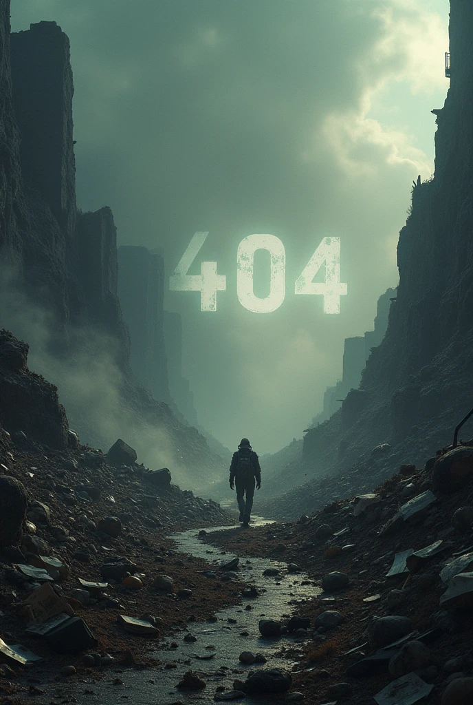 Science fiction, wilderness, garbage pile, darkness, wind blowing paper with headline 404