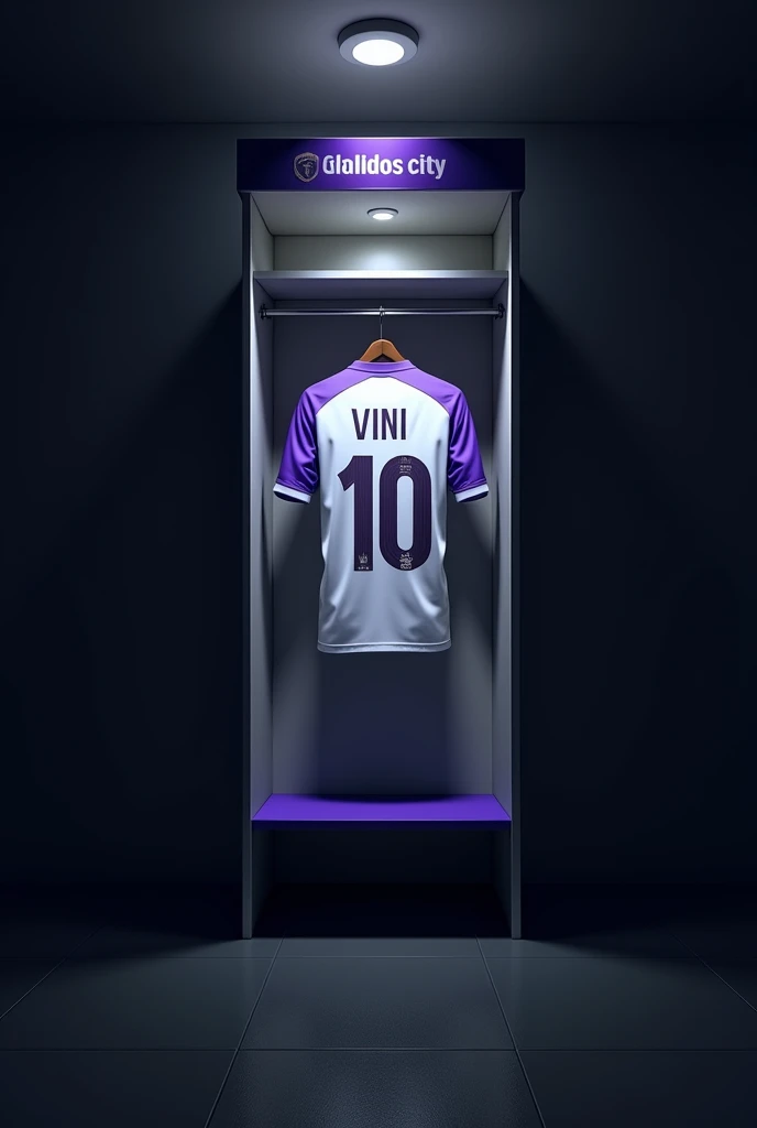 football locker room with a football player&#39;s cabin ( There should be no person in the image) In this cabin there will be a white shirt with purple details (minimalists) on the collar and sleeve the shirt must be showing the back with the name VINI highlighted and the shirt number must be number 10, the cabin at the top must contain the name of the club which is GALADOS CITY, all ambient light must be off, only the light of the sign with the name GALADOS CITY and a low light above the shirt indicating prominence must be on. (The image should be centered and not too far away)