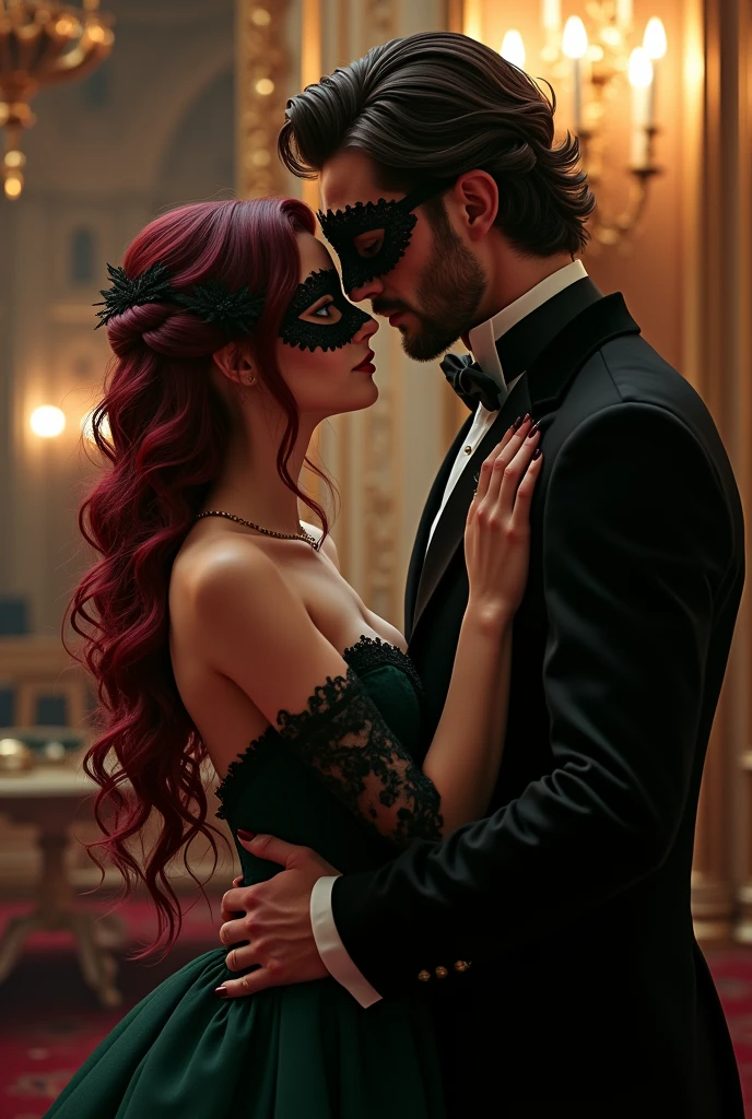 - A couple at a masquerade ball.
- The woman has wine-colored hair, not too fat not too thin, dark shaped eyes, loose hair with waves.wine nails and wears a dark emerald green dress with a black mask with lace.
- The man is tall, brawny, most marked face, with dark hair, blue eyes and wears a black suit with a wine colored mask.
- The scene must show them full body, sami, in a beautiful exchange of glances, gazing, com o homem apresamintando um aspecto mais sombrio.

Um casal de Dark romance , 