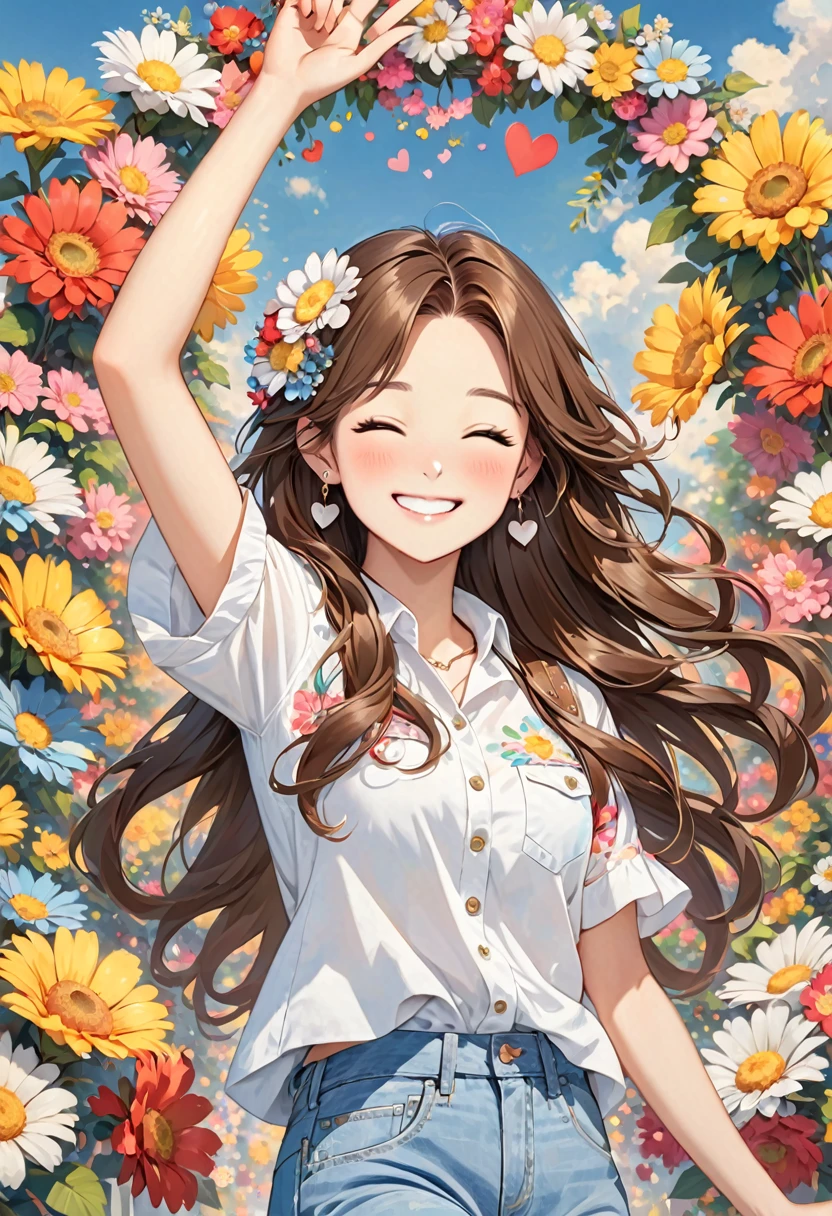 a cute holding her hands in the air for peace sign, 1girl, solo, v, closed eyes, shirt, hair ornament, hair flower, jewelry, long hair, flower, heart, earrings, brown hair, white shirt, smile, hand up, denim, pants, short sleeves, blush