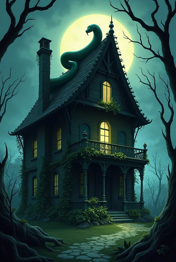 A story book cover having haunted one roof house with snake on upper roof + green leaves on building wall and ghosts inside the house. Tittle of book "NO ROOMS FOR HUMAN"