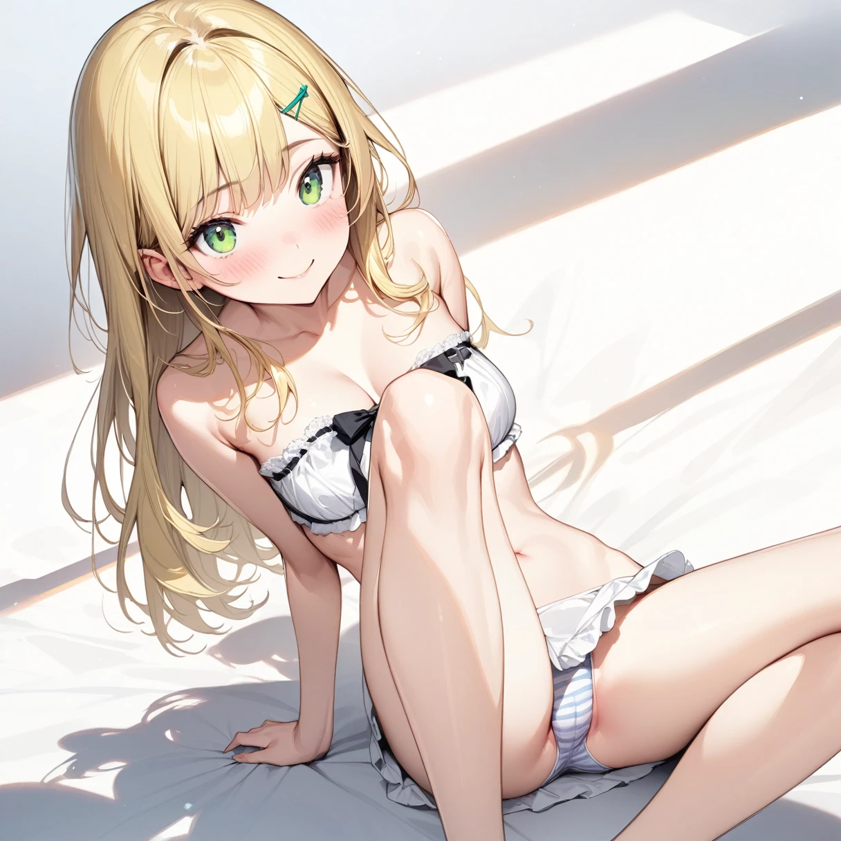 (masterpiece), (Highest quality), High resolution, (Very detailed), (Best illustrations), (Best Shadow), (Beautiful girl), (Absurd), (White background), (White Room), (White carpet),
My Little Sister Can't Be This Cute, (Kirino Takasaka), (kirino kousaka),
Blonde, Long Hair, Hair Clip, Green Eyes, bangs, Shyness, smile, A slight blush,
(Highly detailed face), Thin legs, naked,
(One person、solo:1.7), Big eyes,slender, Beautiful Skin,
Taking off the short skirt maid outfit, Ribbon striped underwear, White frilly underwear, Underwear with a small ribbon,
Cleavage, tits, Butt,
Spread your legs,