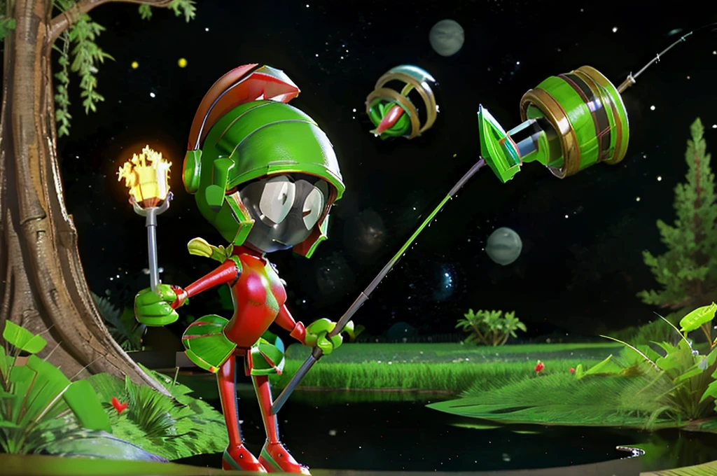 Marvin the martian (cute woman, extremely small Martian invader outfit) fishing at an alien pond, she has a bucket full of slimy tentacle for bait, alien lush pond
