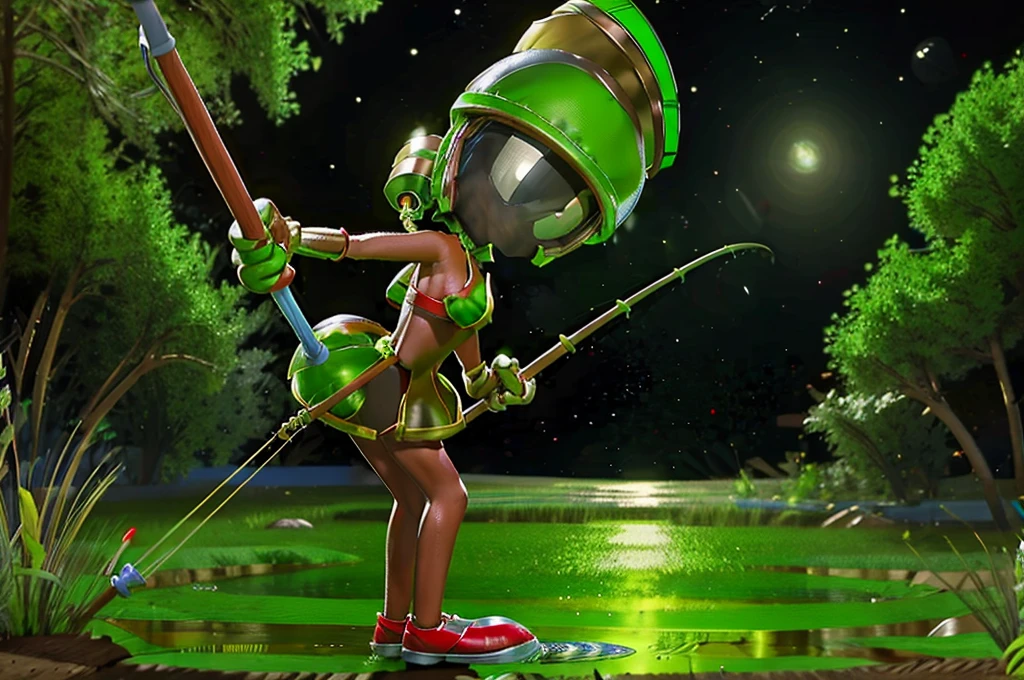 Marvin the martian (cute woman, extremely small Martian invader outfit) fishing at an alien pond, she has a bucket full of slimy tentacle for bait, alien lush pond
