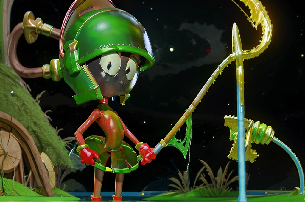 (Marvin the Martian) a cute woman, extremely detailed, extremely small martian invader outfit, fishing at an alien lush pond, holding a bucket full of slimy tentacles for bait, extremely detailed eyes, beautiful detailed lips, longeyelashes, beautiful detailed face, 1girl, digital art, concept art, oil painting, 8k, high quality, masterpiece, photorealistic, ultra-detailed, physically-based rendering, vivid colors, studio lighting, sci-fi, alien landscape, fantasy (camera angle is low looking up at butt, focus on butt)
