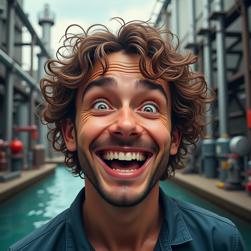 Image of a curly-haired man laughing with writing "It was" with water treatment plant background.