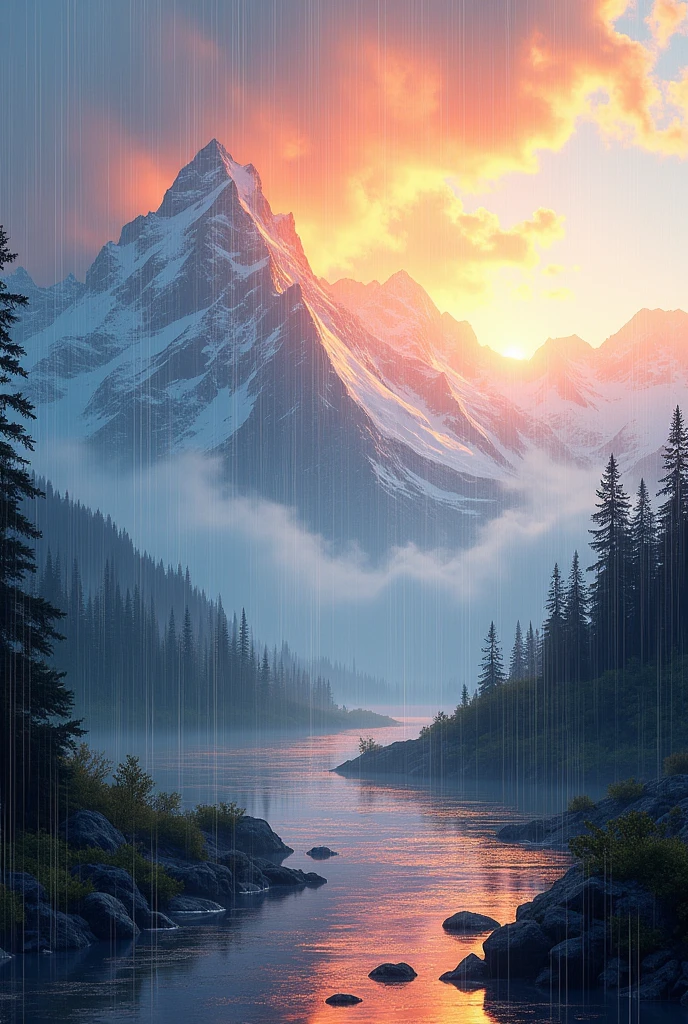 Bright background with rain mountains in corner and clouds 