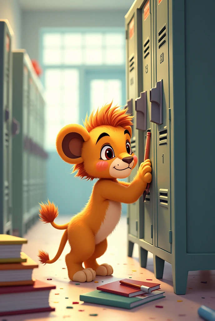  lion cleaning up at the school locker drawn