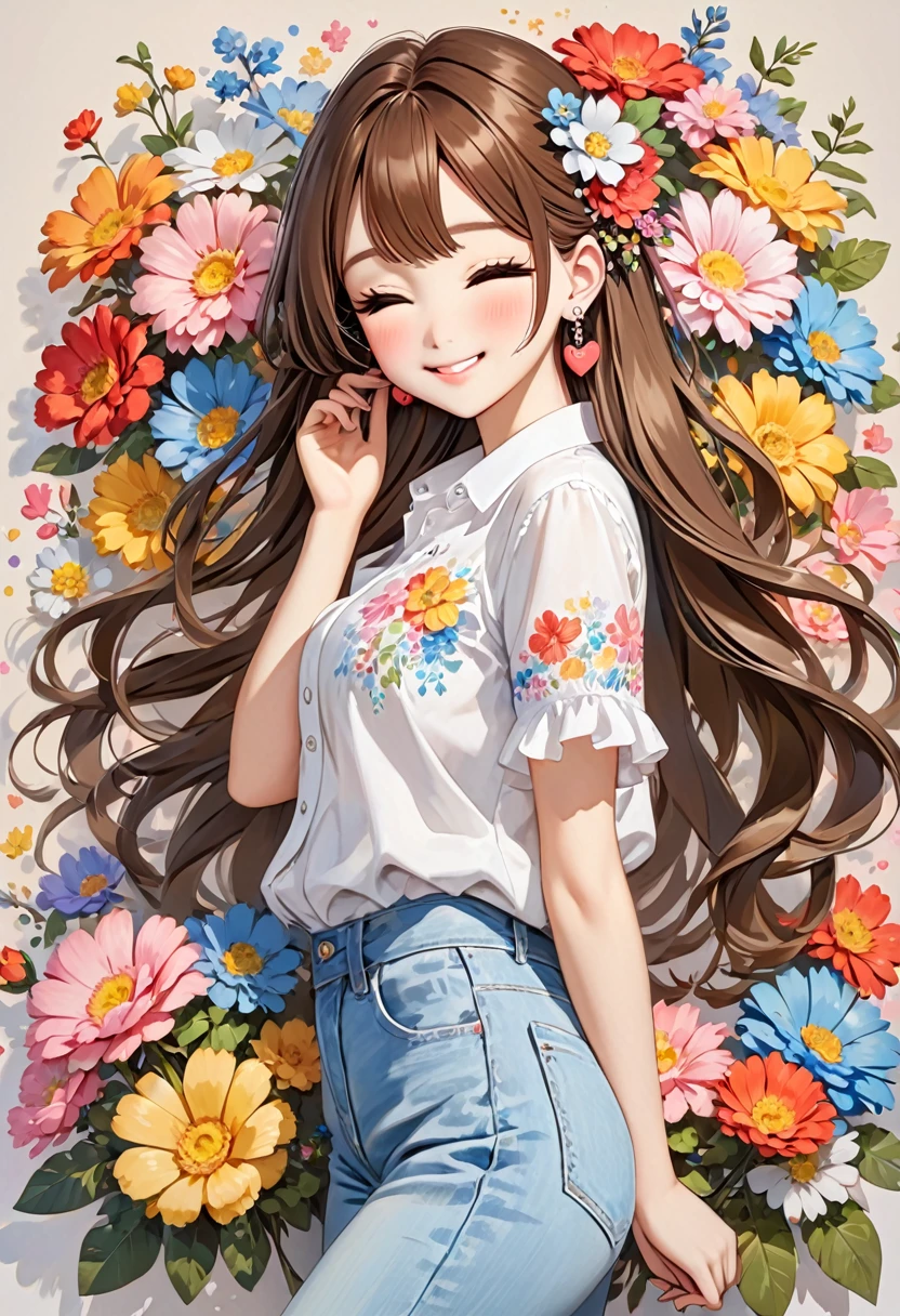 dolls are so beautiful that i would love to paint pictures of it cute girls, beautiful girls anime, cute pictures, cute artwork, person, cute art, pretty girls, art doll, drawing of dolls, person, person, artist person,, 1girl, solo, v, closed eyes, shirt, hair ornament, hair flower, jewelry, long hair, flower, heart, earrings, brown hair, white shirt, smile, hand up, denim, pants, short sleeves, blush