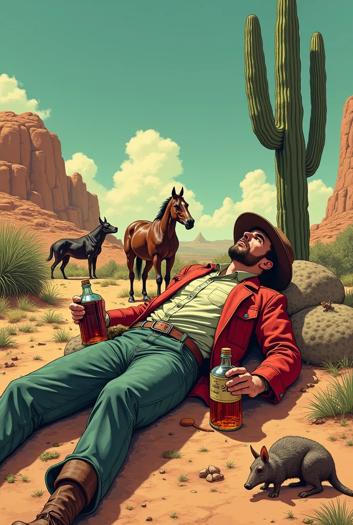 Hyperrealistic color comic with a 1950s look, a drunken cowboy with two large bottles of liquor in his hands lying on a cactus in the desert, next to him a horse, a dog, an armadillo and a cowgirl who helps him get up, in the background a canteen